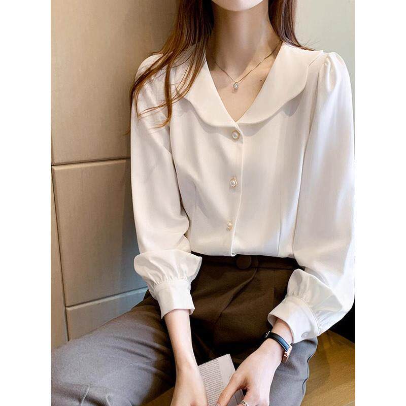 JOLIMENT长袖衬衫女2025年春秋新款时尚百搭法式娃娃领泡泡袖衬衣