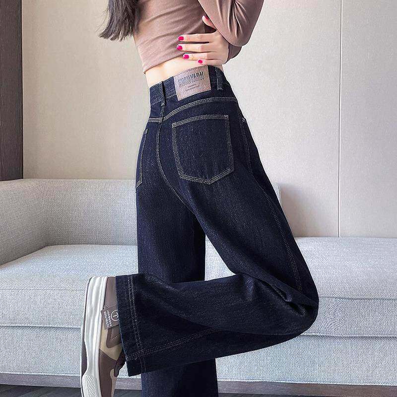 丹宁蓝窄版阔腿牛仔裤女2025春秋新款加绒加厚垂感爆款直筒拖地裤