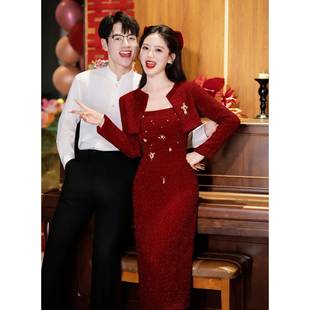 Ocnltiy小香风红色订婚礼服裙女款 外套敬酒服新娘回门服结婚便装