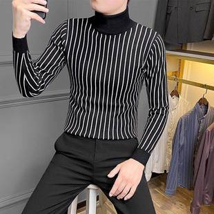 轻奢高端条纹半高领毛衣男士秋冬季男装内搭修身男款针织打底衫男