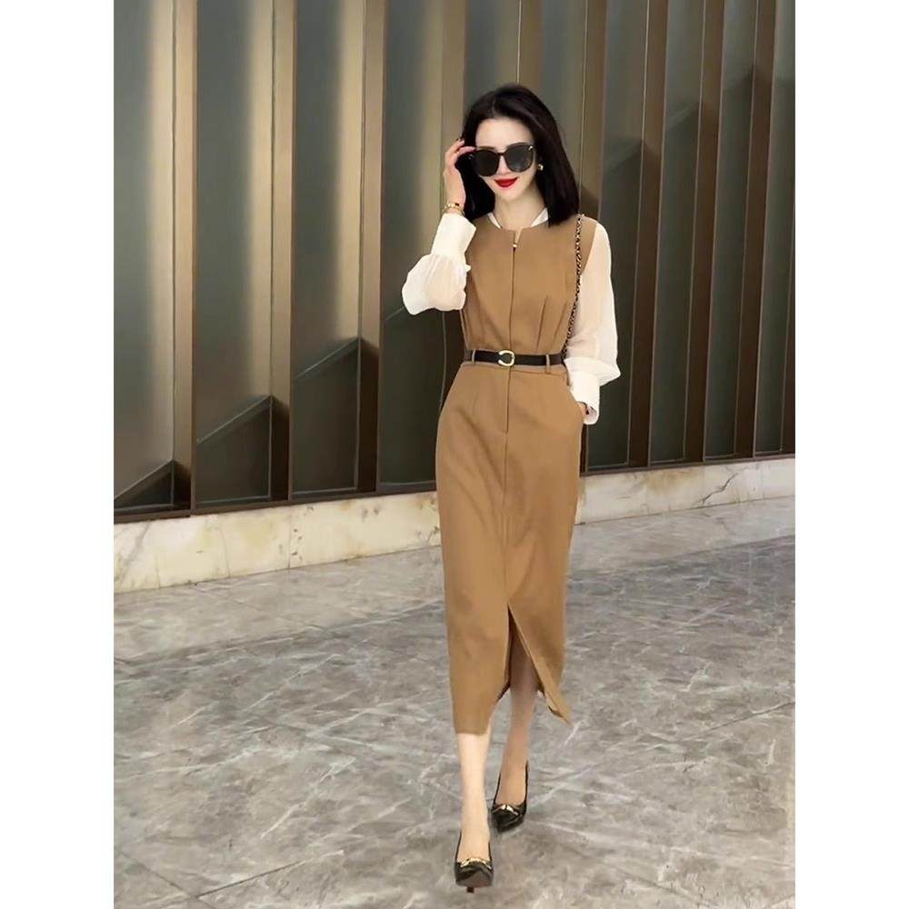 欧洲站2024秋装时髦背心马甲长裙气质名媛干练高级感连衣裙套装女