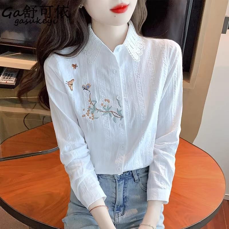 香港TIMO时尚刺绣纯棉衬衣2025新款长袖全棉衬衫女士洋气上衣春秋