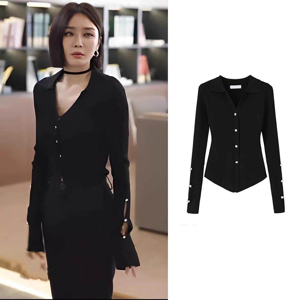 2024春秋新款黑色针织衫女法式设计感小众修身显瘦V领长袖打底衫