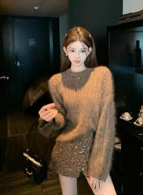 韩国2025秋冬款整套名媛风针织两件套女复古毛衣时尚亮片短裤套装