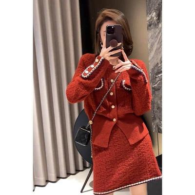 FAshi 2024秋冬红色韩剧穿搭两件套茶里茶气法式小香风名媛套装女