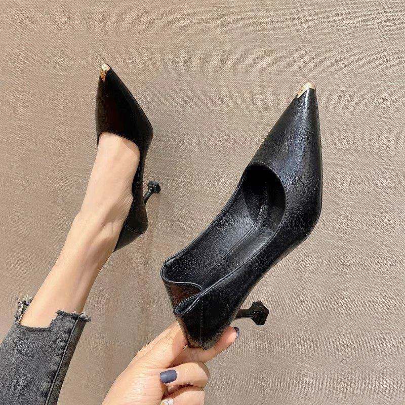 黑色不累脚高跟鞋女2025年春秋新款气质高级两穿软皮中跟工作单鞋