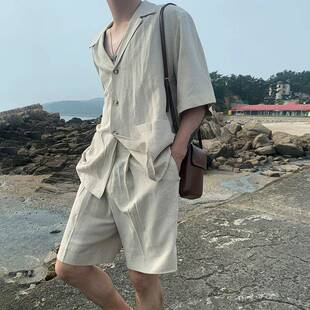 Upscale潮人 亚麻短袖衬衫男麻布夏季宽松休闲棉麻料衬衣短裤套装