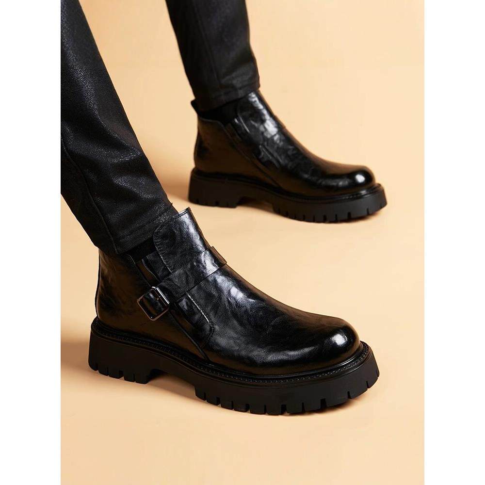 马丁靴男款2025新款春季真皮套脚英伦风厚底切尔西男靴高帮皮鞋男