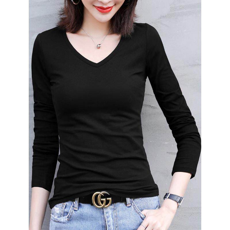 韩国黑色长袖T恤2025新款打底衫内搭春秋修身白色v领大码上衣女装