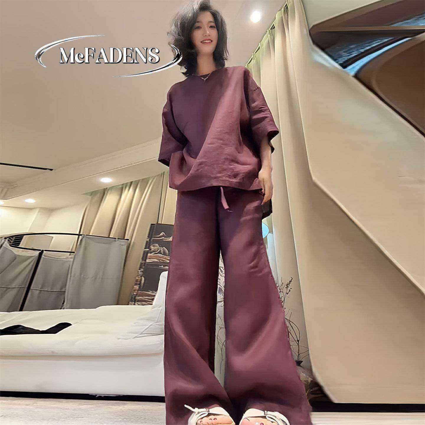 香港松弛感宽松休闲亚麻套装女夏季新款时尚纯色薄款阔腿裤两件套