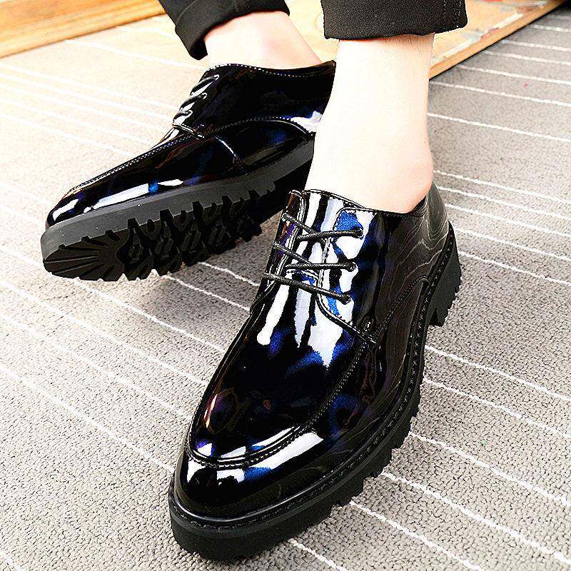 高端漆皮亮面皮鞋男秋冬季软底英伦商务休闲正装内增高加绒小皮鞋