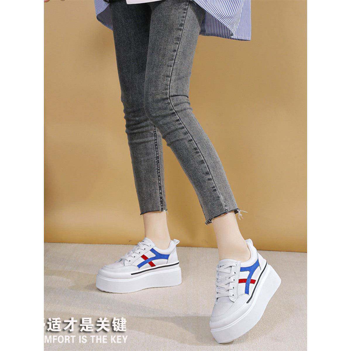 松糕底板鞋内增高8CM真皮小白鞋2022秋百搭运动厚底休闲鞋女ins潮