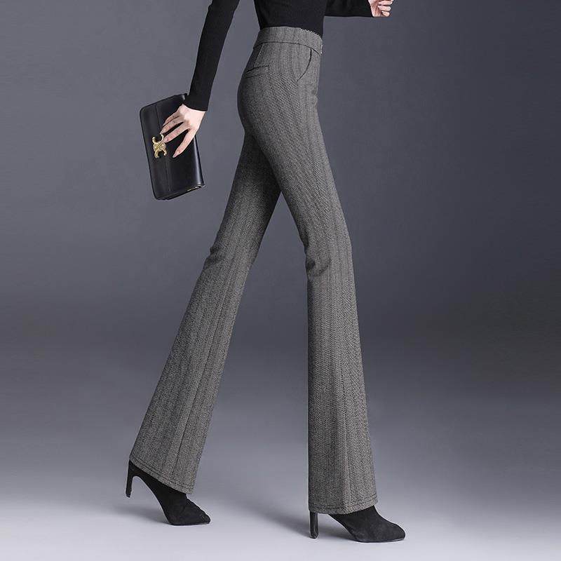 大码条纹裤子女2024春秋新款高腰直筒显瘦喇叭裤垂感毛呢微喇长裤