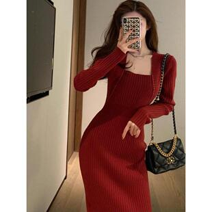 FAshi 2025年新款秋冬装气质高级感女装红色针织连衣裙子修身显瘦