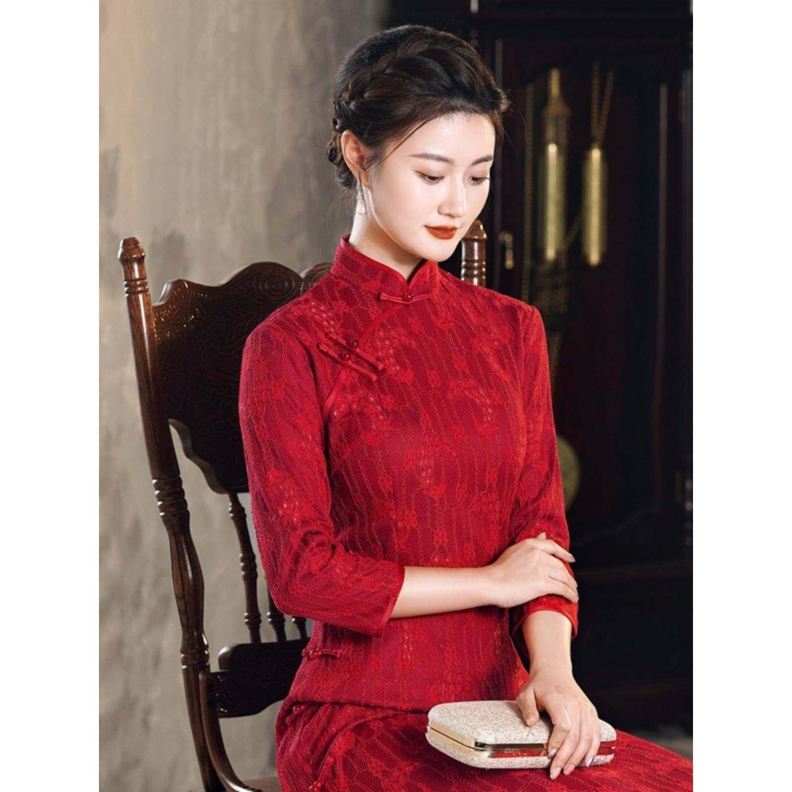 Ocnltiy中式喜婆婆婚宴旗袍裙时尚中长款敬酒服妈妈装蕾丝连衣裙