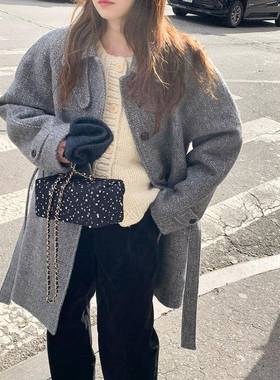 【现货】韩国lerobe气质复古翻领单排扣纯色腰带羊毛毛呢大衣外套