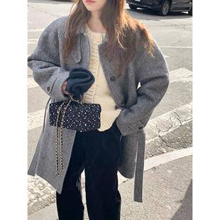 【现货】韩国lerobe气质复古翻领单排扣纯色腰带羊毛毛呢大衣外套