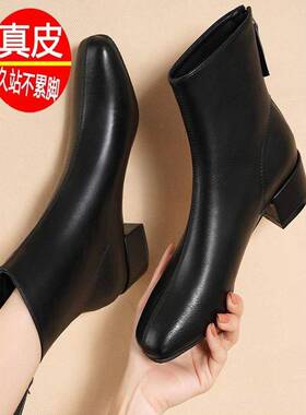 潮牌粗跟方头短靴女春秋单靴2025年新款覆古百搭马丁靴中跟瘦瘦靴