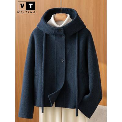 WEI TING双面羊绒短款大衣女2025秋冬季新款宽松斗篷连帽毛呢外套