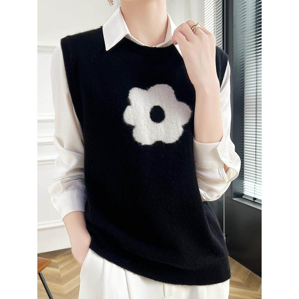强推B备 ~100纯羊绒针织衫马甲女外穿刺绣上衣新款羊毛衫叠穿背心