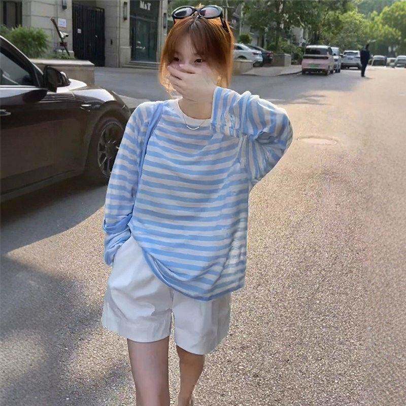 长袖条纹针织衫女款2026新款夏薄款T恤上衣空调衫防晒罩衫打底衫图片