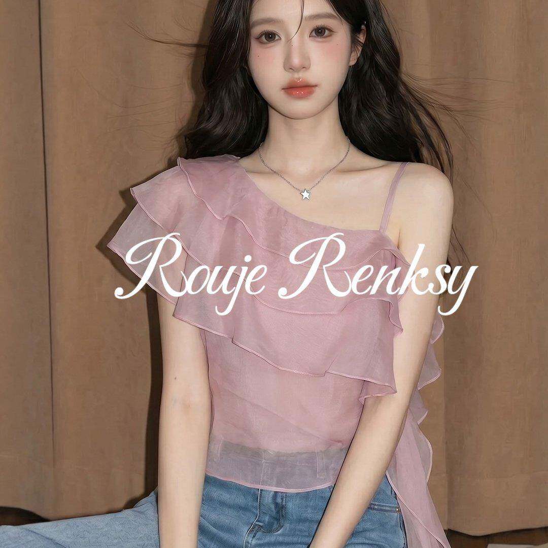 法国Rouje Renksy法式紫色斜肩荷叶边不规则雪纺衬衫T恤女夏上衣