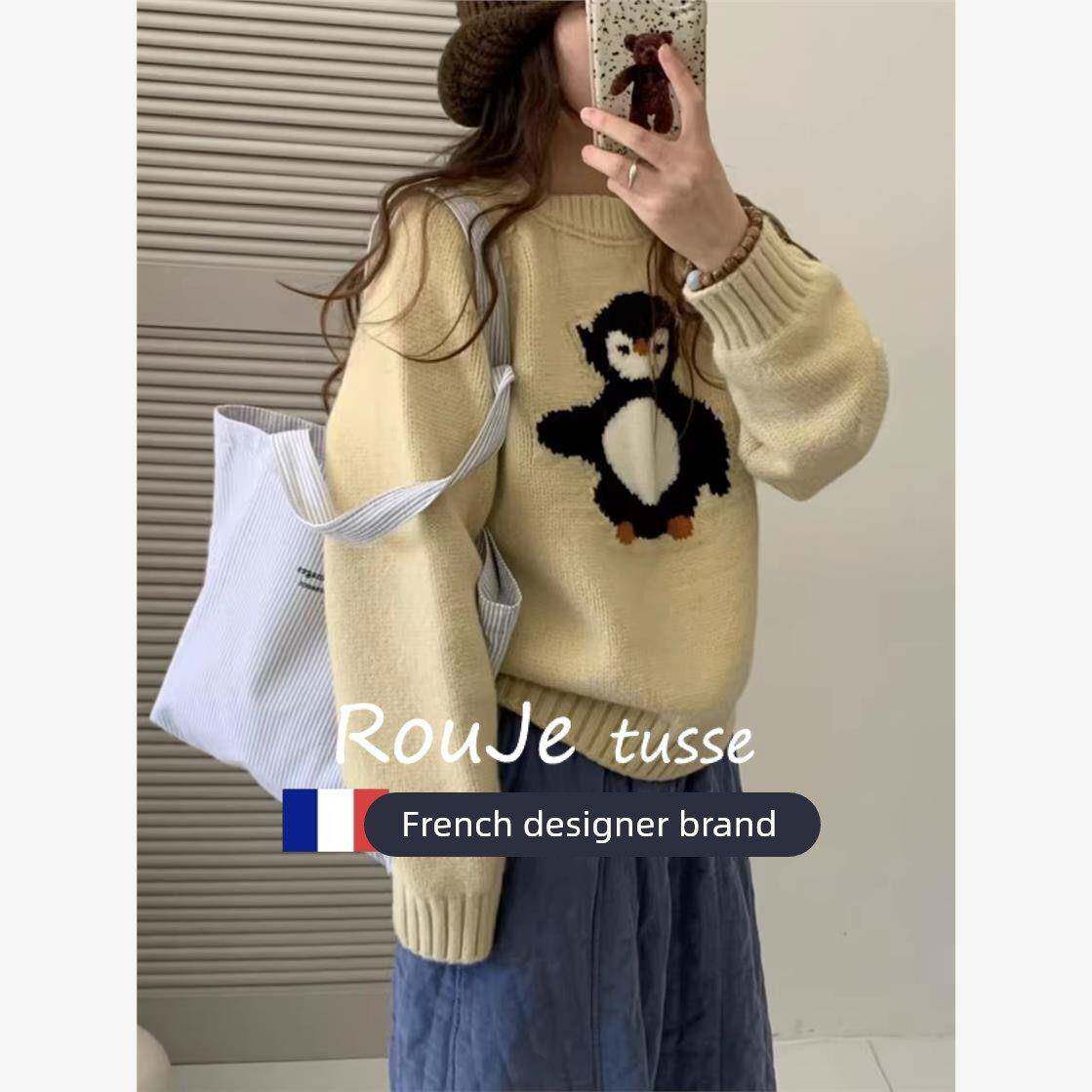 Rouje tusse卡通羊绒毛衣女秋冬款高级感慵懒风针织字母羊毛上衣