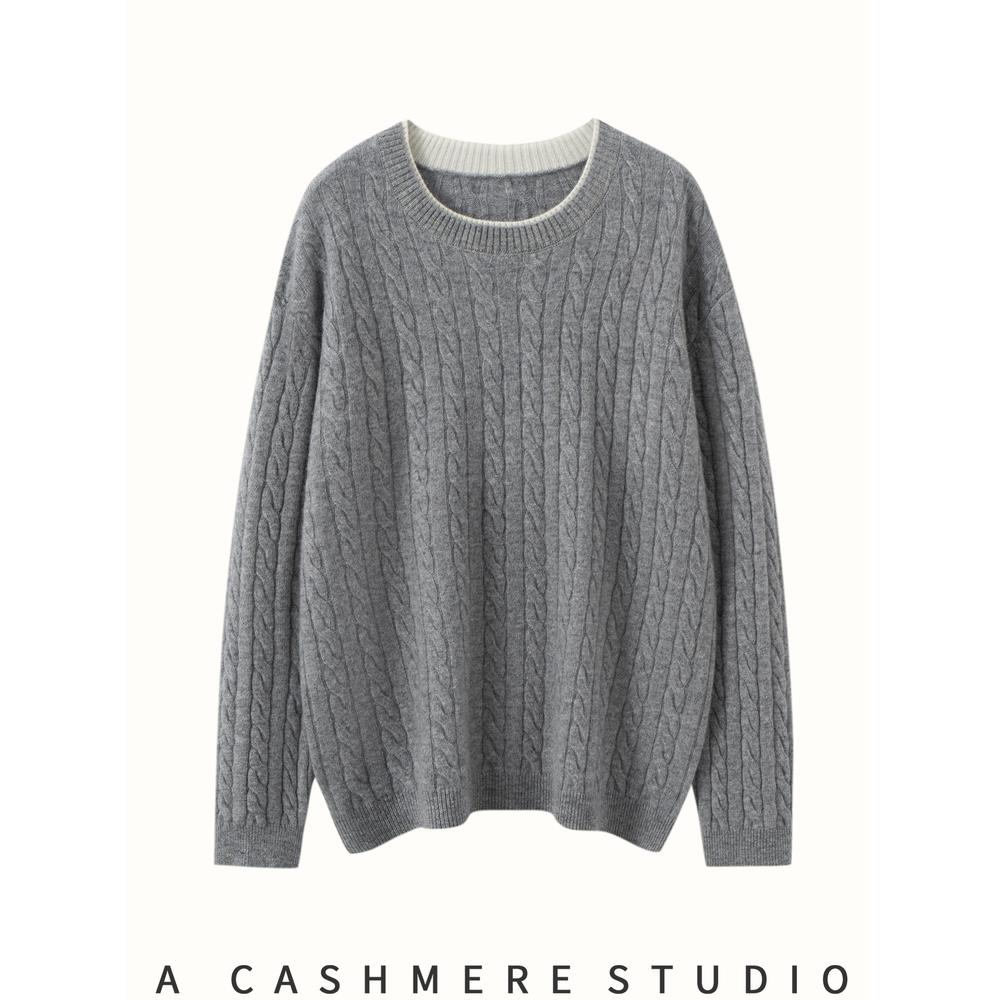 咖翡 | 版型太好~100%纯羊绒衫女圆领撞色麻花针织羊绒毛衣打底