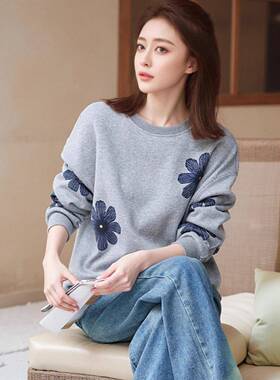 香港TIMO灰色圆领花卉印花卫衣女2025春秋宽松显瘦百搭无帽上衣潮