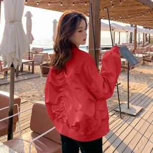 韩国2025新款春秋韩版红色棒球服女宽松bf大码显瘦短款夹克外套潮