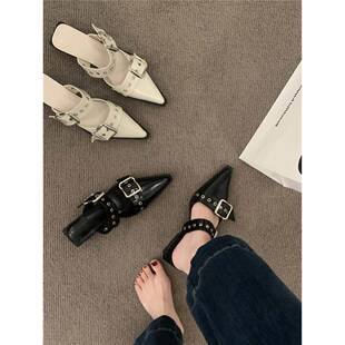 香港高级感尖头包头半拖鞋粗跟单鞋女鞋2025新款小皮鞋穆勒鞋凉鞋