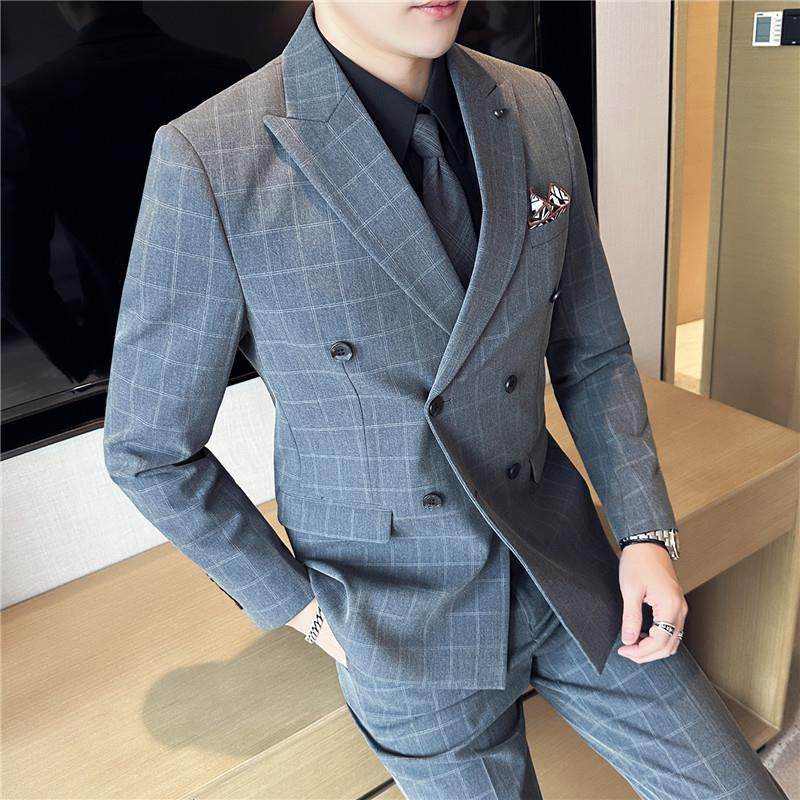 高端双排扣格子西服套装男修身帅气上班服新郎结婚休闲西装三件套