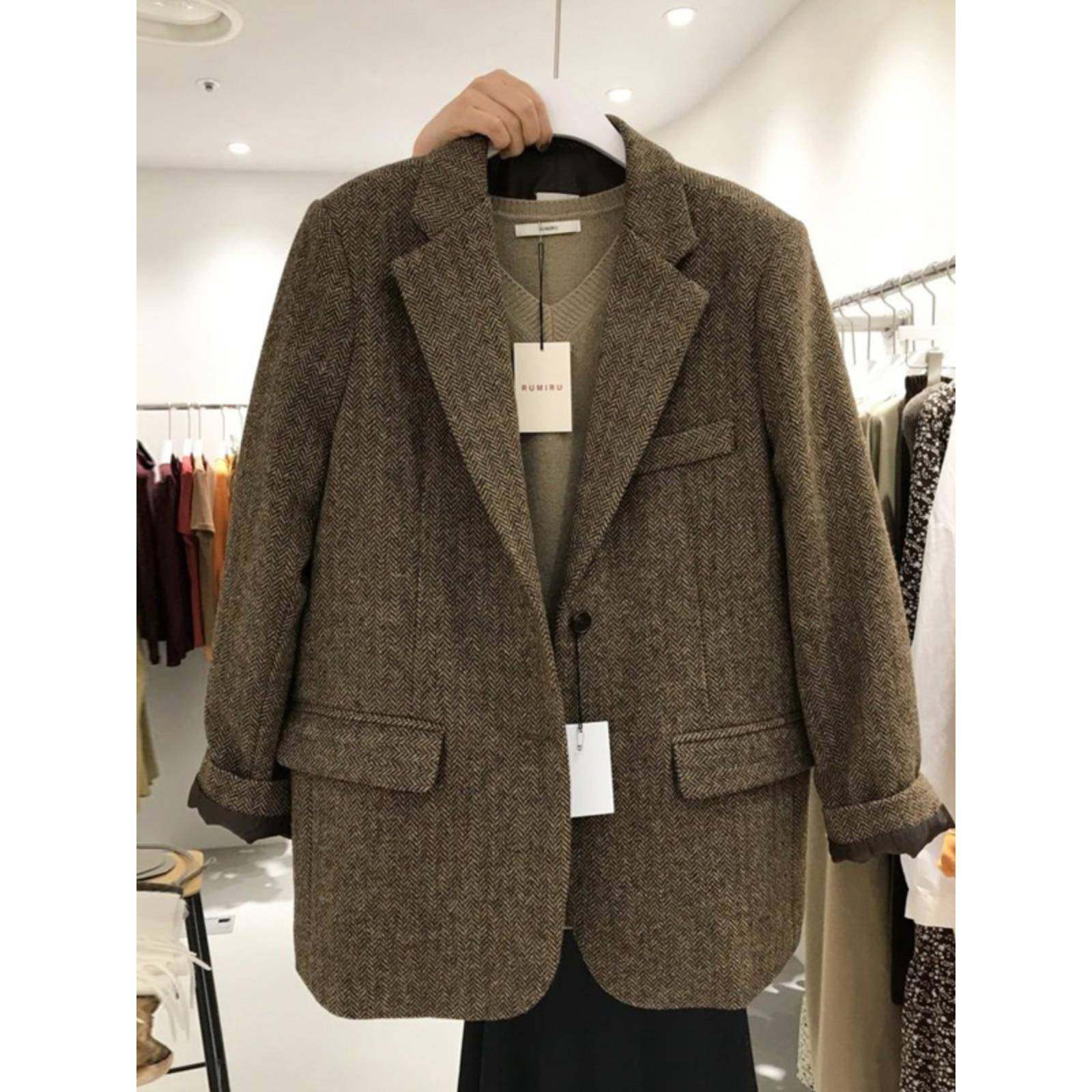 东大门秋冬新款覆古毛呢西装外套女宽松显瘦人字纹西服上衣女潮