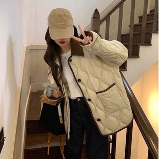 寬松新款 翻領(lǐng)棉襖棉衣 拼接棉服外套香風(fēng)冬季 輕薄韓系菱格撞色短款