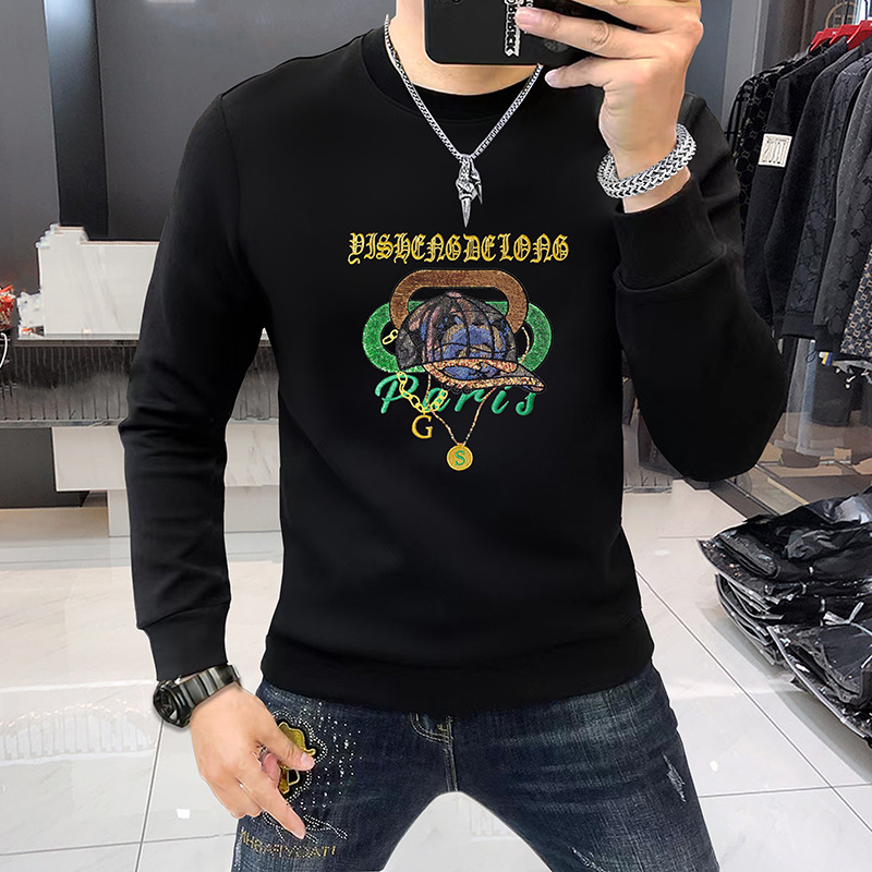 雷迪波尔男士卫衣长袖圆领衫舒适透气刺绣亮片加绒保暖男装秋冬新