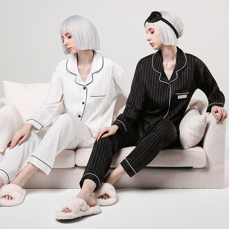 比弗小姐孕妇睡衣月子服春秋产后哺乳睡衣孕期白色条纹分体套装BF