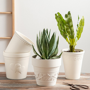 米白色陶瓷花盆陶土简约浮雕粗陶瓦盆家用朱顶红绿萝玫瑰花带托盘