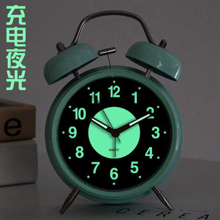 可充电金属学生闹钟夜光简约超大声打铃床头卧室家用自律家居摆件