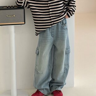 男女童一体绒复古工装牛仔裤2026冬装加绒儿童宽松阔腿长裤中大童