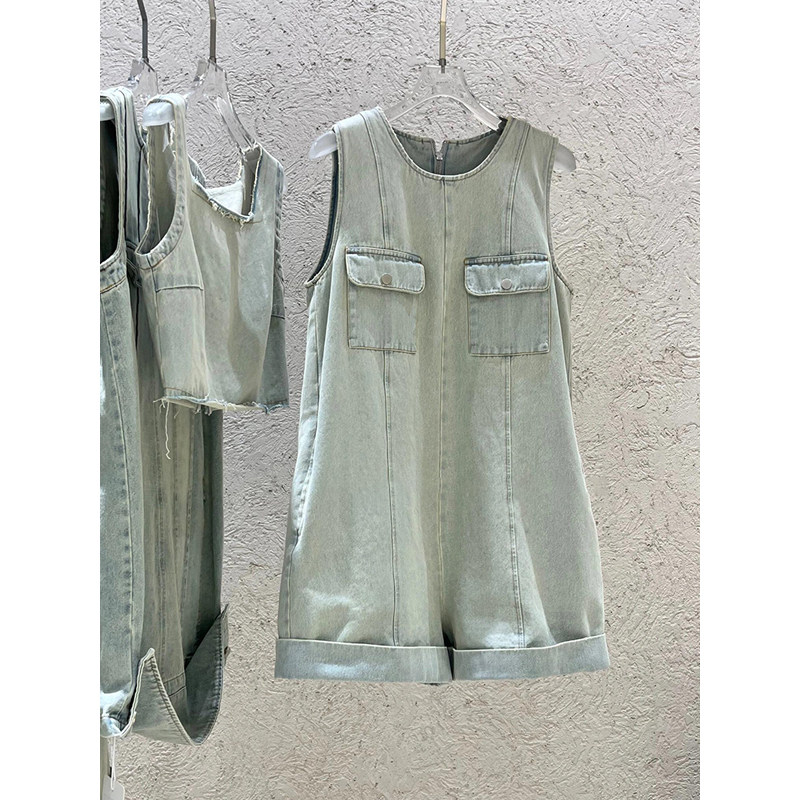 韩国童装女童连体牛仔短裤2025夏装新款中大童水洗做旧无袖阔腿裤