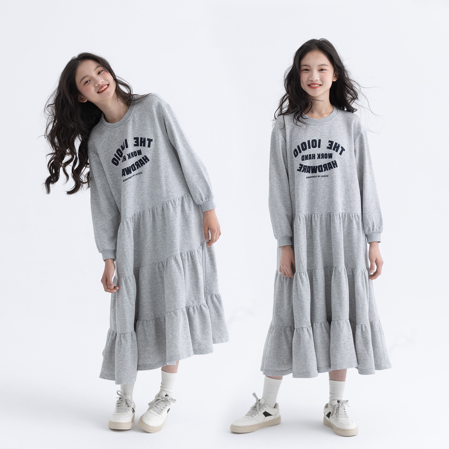 女童字母印花长袖卫衣裙2025春秋新款时尚休闲中大童大裙摆连衣裙