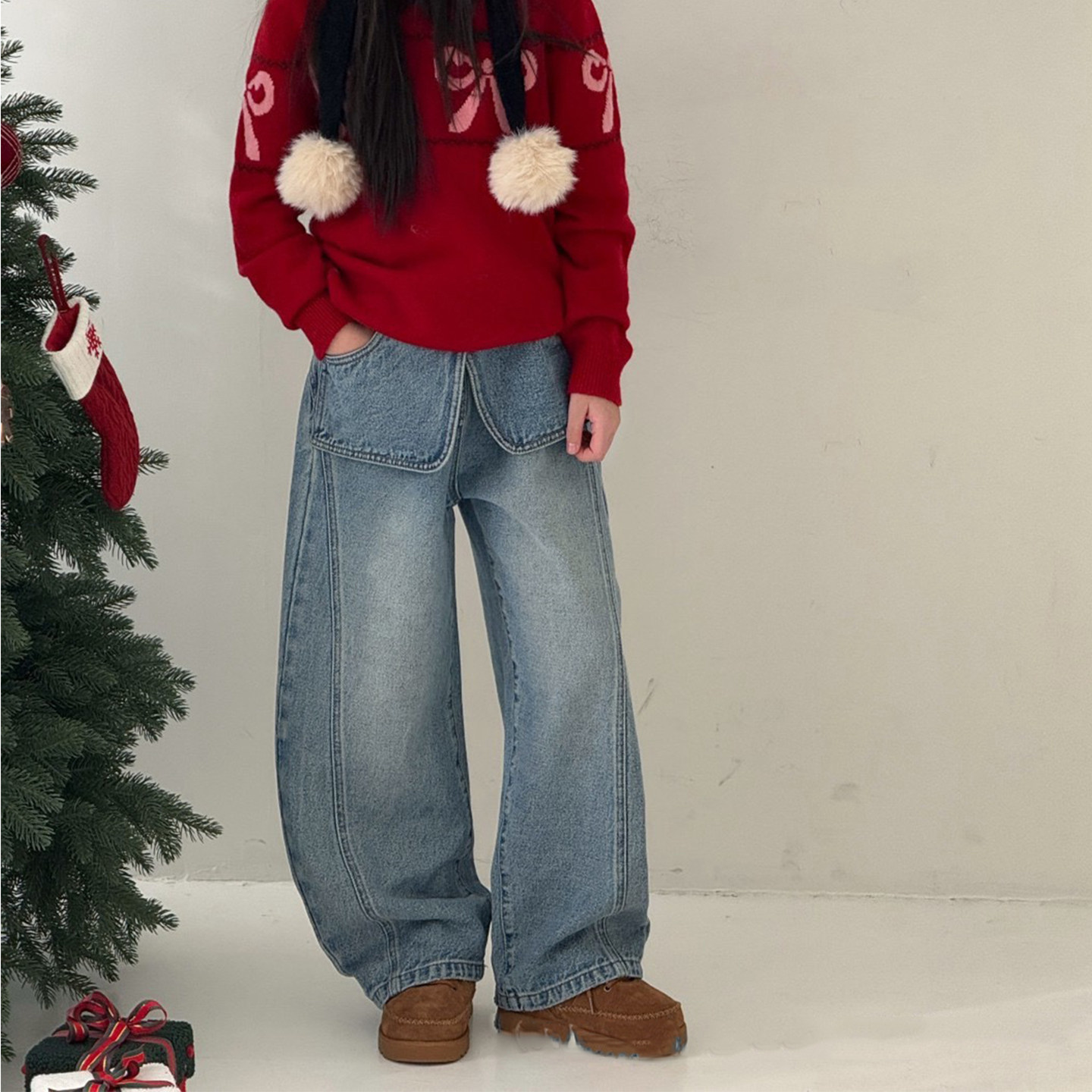 女童蓝色屁帘拼接直筒牛仔裤2025秋冬新品中大童高腰显瘦阔腿长裤,童装/婴儿装/亲子装,儿童牛仔裤,淘宝优惠券,粉丝福利购,淘宝优惠卷