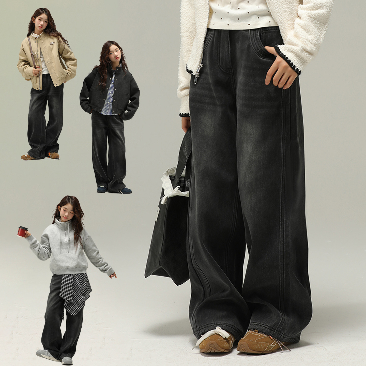 女童冬装加绒牛仔裤中大童复古水洗宽松阔腿裤小个子显瘦百搭长裤