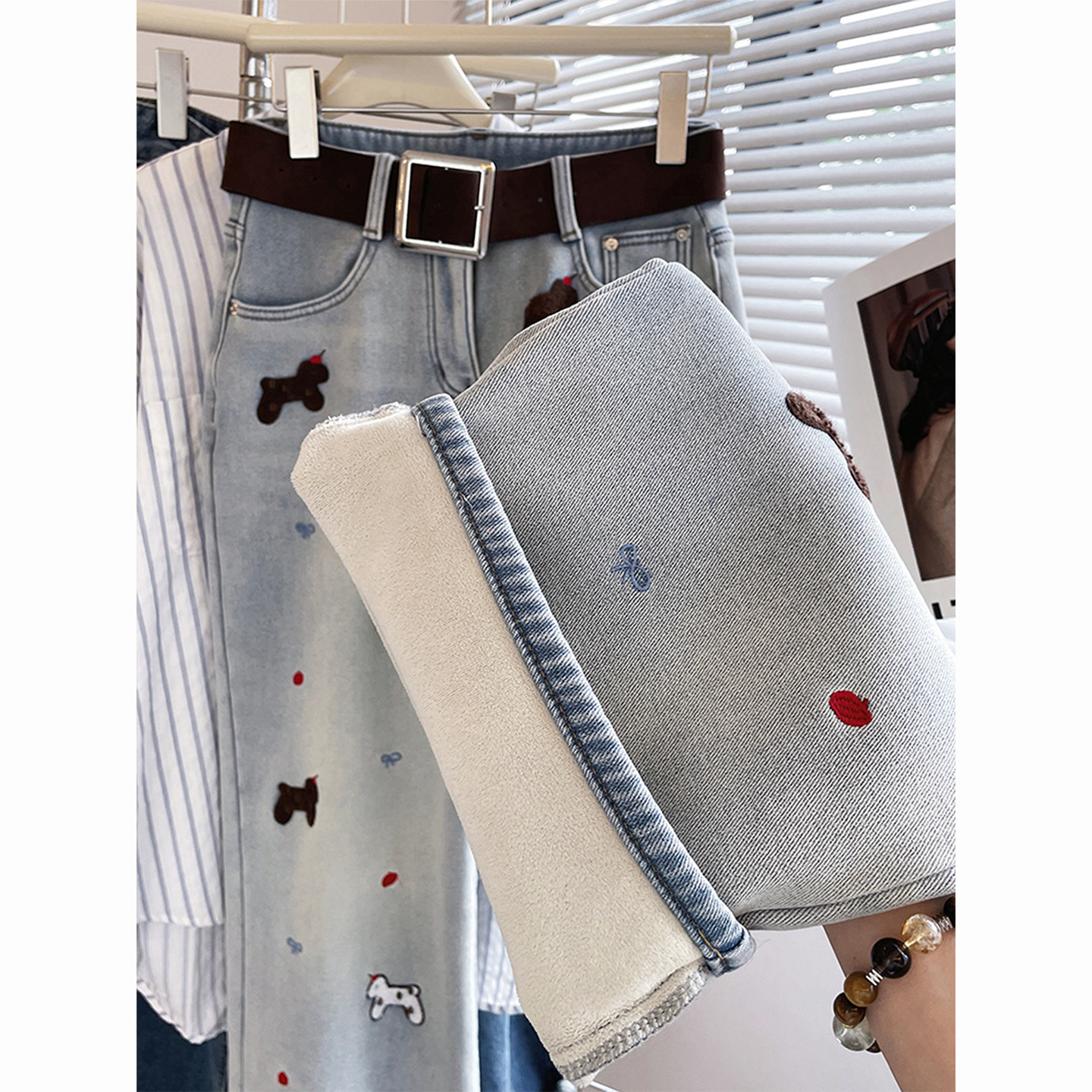 冬装韩版洋气小狗刺绣加绒牛仔裤