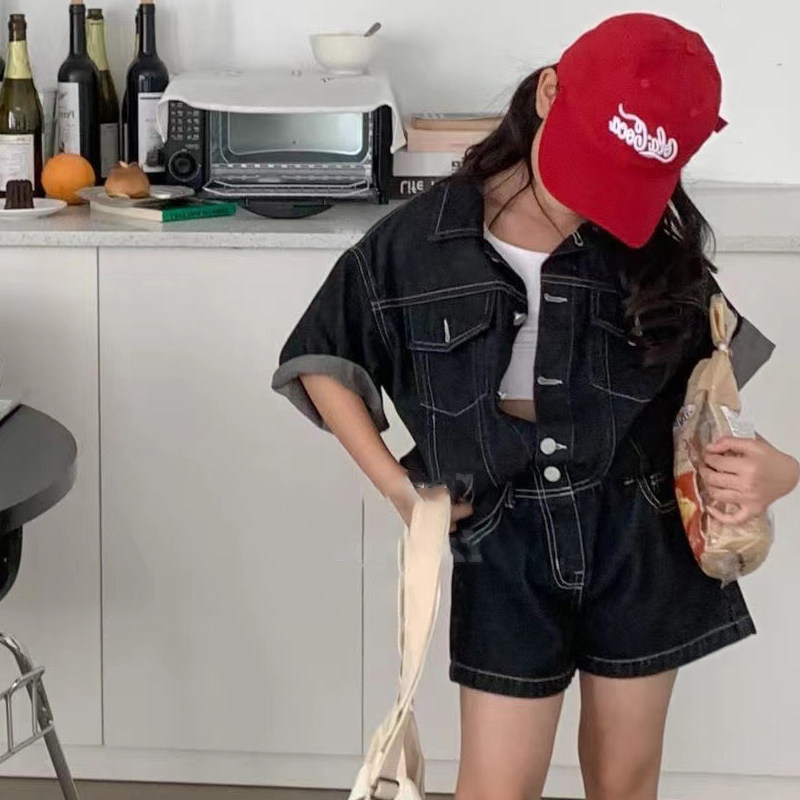 韩国童装女童甜酷夏季炸街牛仔套装儿童短袖衬衫小童休闲洋气短裤
