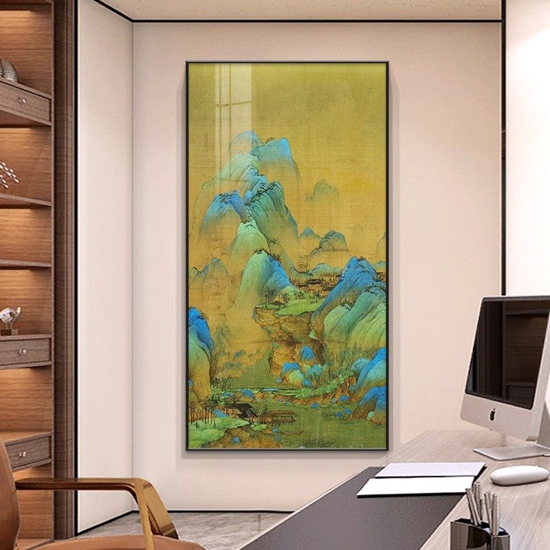 千里江山图装饰画西墙事业青山挂画走廊新中式竖版玄关靠山国画