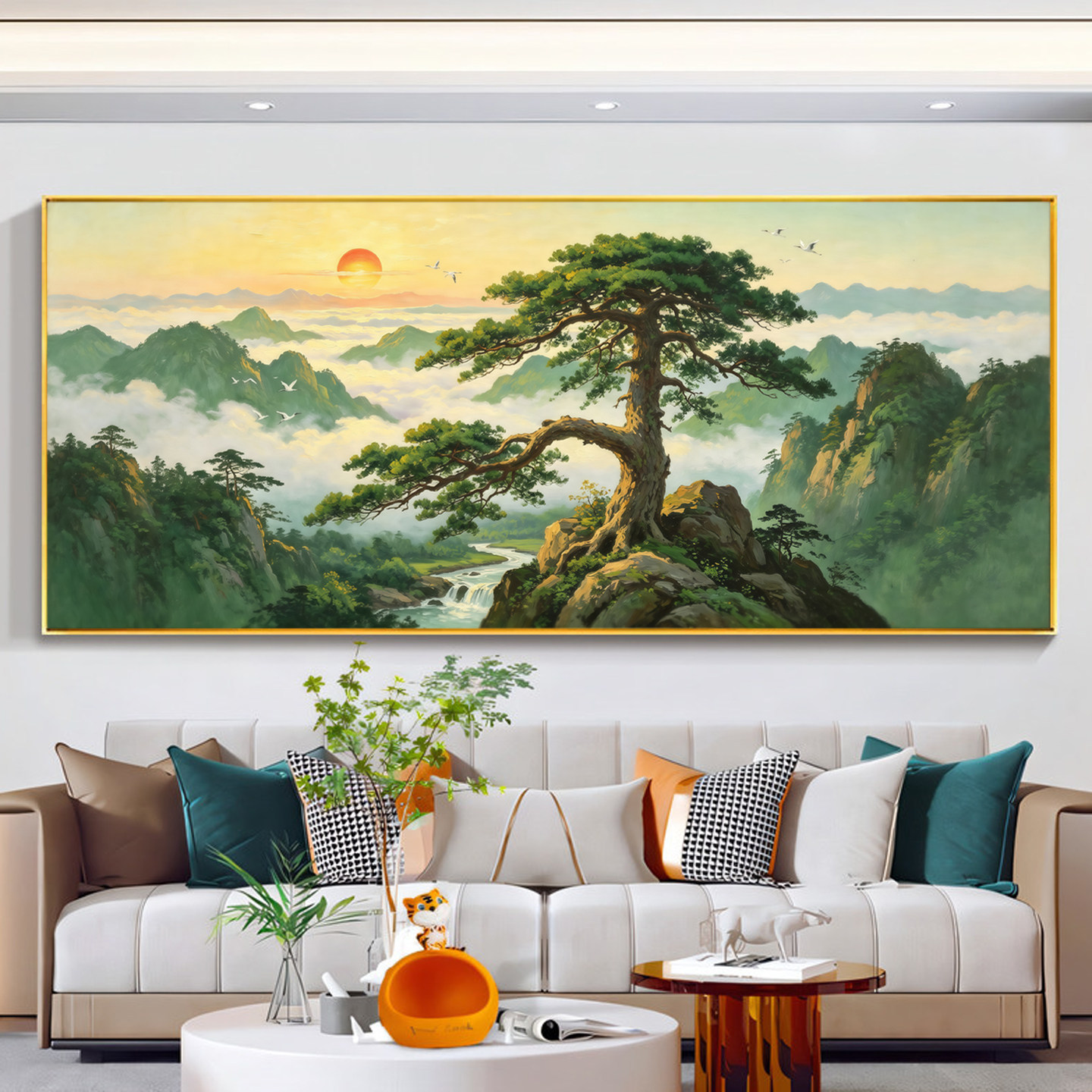 客厅迎客松挂画办公室靠山可定制