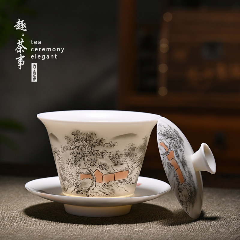 素烧羊脂玉三才盖碗茶杯单个陶瓷功夫茶具套装高端大号茶碗不烫手|msdalam kategori pinggan mangkuk, set teh, mangkuk sup - dari Buy2taobao.com untuk memberikan perkhidmatan ejen Taobao profesional membeli