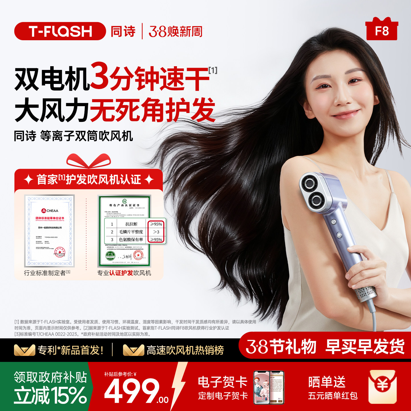 同诗艾齐双筒高速吹风机家用等离子护发速干大风力电吹风筒礼物F8