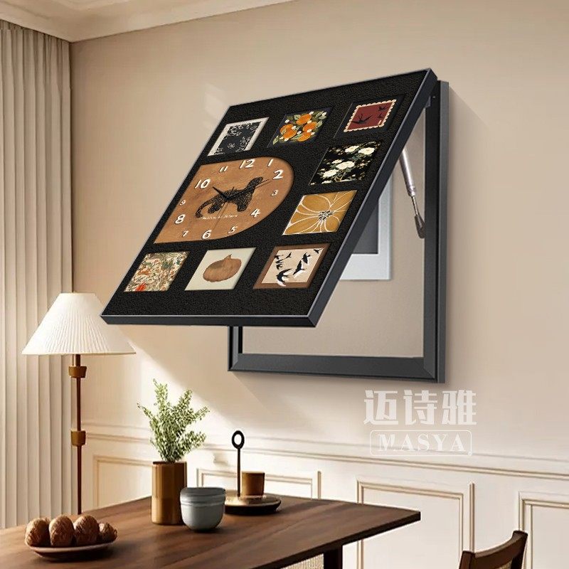 中古风金钱豹电表箱装饰画带钟表2025年竖款电闸箱配电箱遮挡挂画